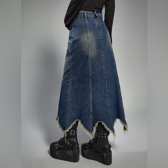 Romwe western country Punk Star Pattern Raw Hem Slant Pocket Denim skirt - Picture 4 of 12